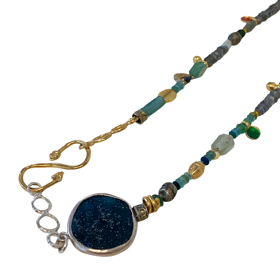 ARTIZ | 'Disc & Cup' Necklace | Mixed bead, glass + enamel | Bronze