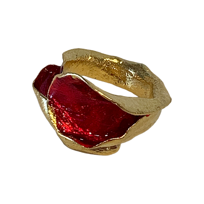 ARTIZ | 'Red Enamel Leaf Ring- Medium' #2 | Gold plated bronze