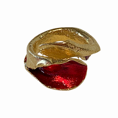 ARTIZ | 'Red Enamel Leaf Ring- Medium' #2 | Gold plated bronze