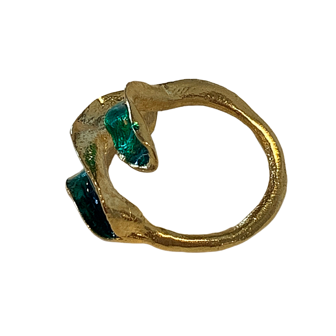 ARTIZ | 'Green Enamel Leaf Ring- Medium' #1 | Gold plated bronze