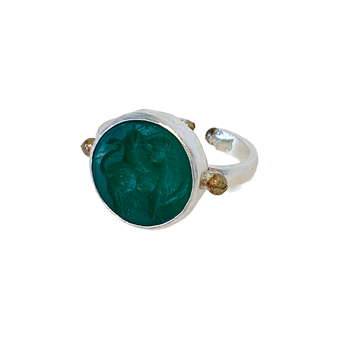 ARTIZ | 'Carved Stone Ring'- Green | Silver + Bronze | Hand Carved Surface