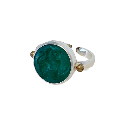 ARTIZ | 'Carved Stone Ring'- Green | Silver + Bronze | Hand Carved Surface