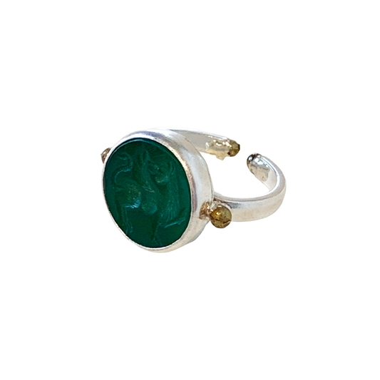 ARTIZ | 'Carved Stone Ring'- Green | Silver + Bronze | Hand Carved Surface