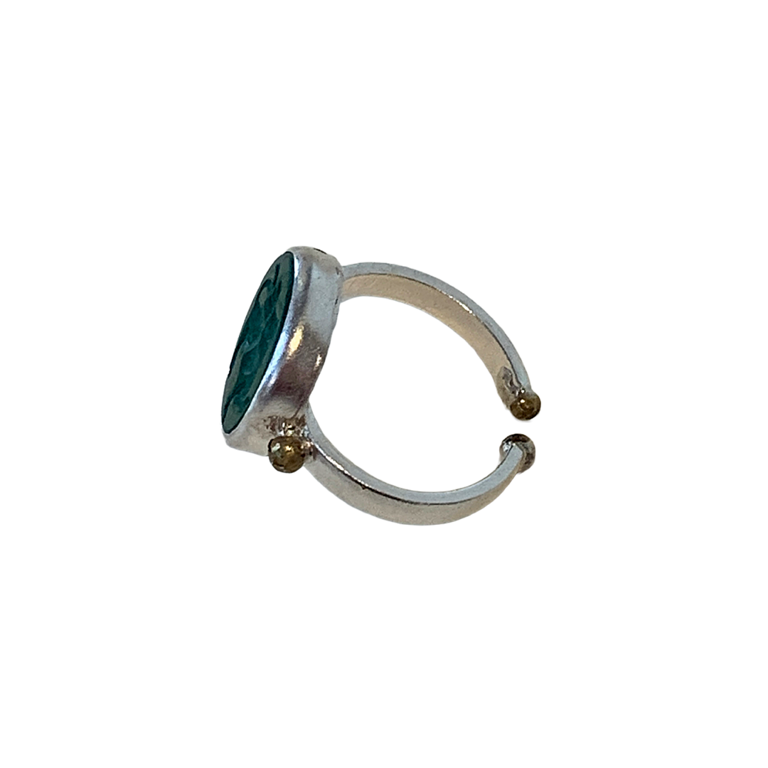 ARTIZ | 'Carved Stone Ring'- Green | Silver + Bronze | Hand Carved Surface
