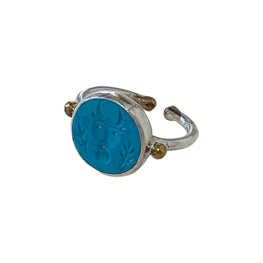 ARTIZ | 'Carved Stone Ring'- Blue | Silver + Bronze | Hand Carved Surface
