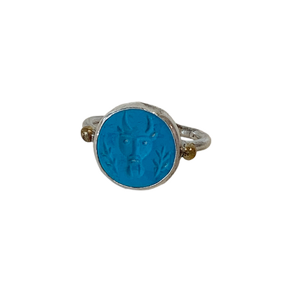 ARTIZ | 'Carved Stone Ring'- Blue | Silver + Bronze | Hand Carved Surface