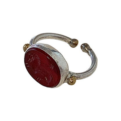 ARTIZ | 'Carved Stone Ring'- Red | Silver + Bronze | Hand Carved Surface