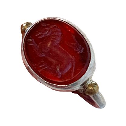ARTIZ | 'Carved Stone Ring'- Red | Silver + Bronze | Hand Carved Surface