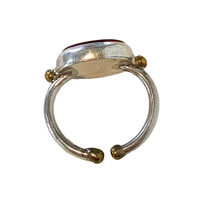 ARTIZ | 'Carved Stone Ring'- Red | Silver + Bronze | Hand Carved Surface