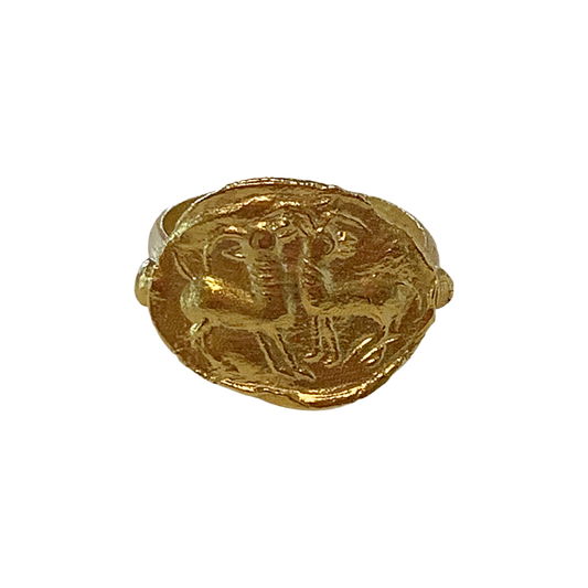 ARTIZ | 'Seal Ring’- Large | Oval + 2 Animals |Gold Plated Bronze