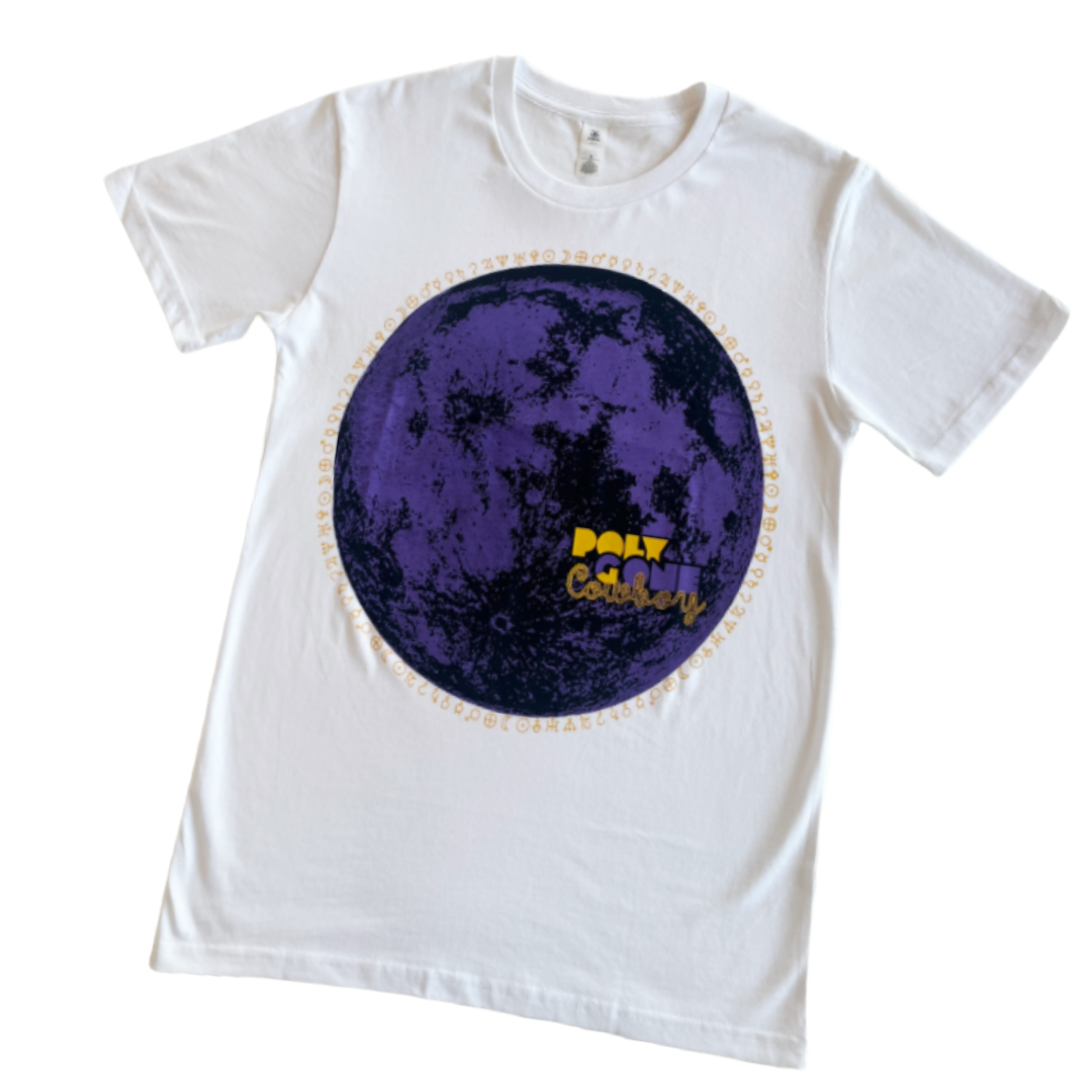 POLY GONE COWBOY | ‘Astro*Moon T-shirt' | Purple moon / white fabric