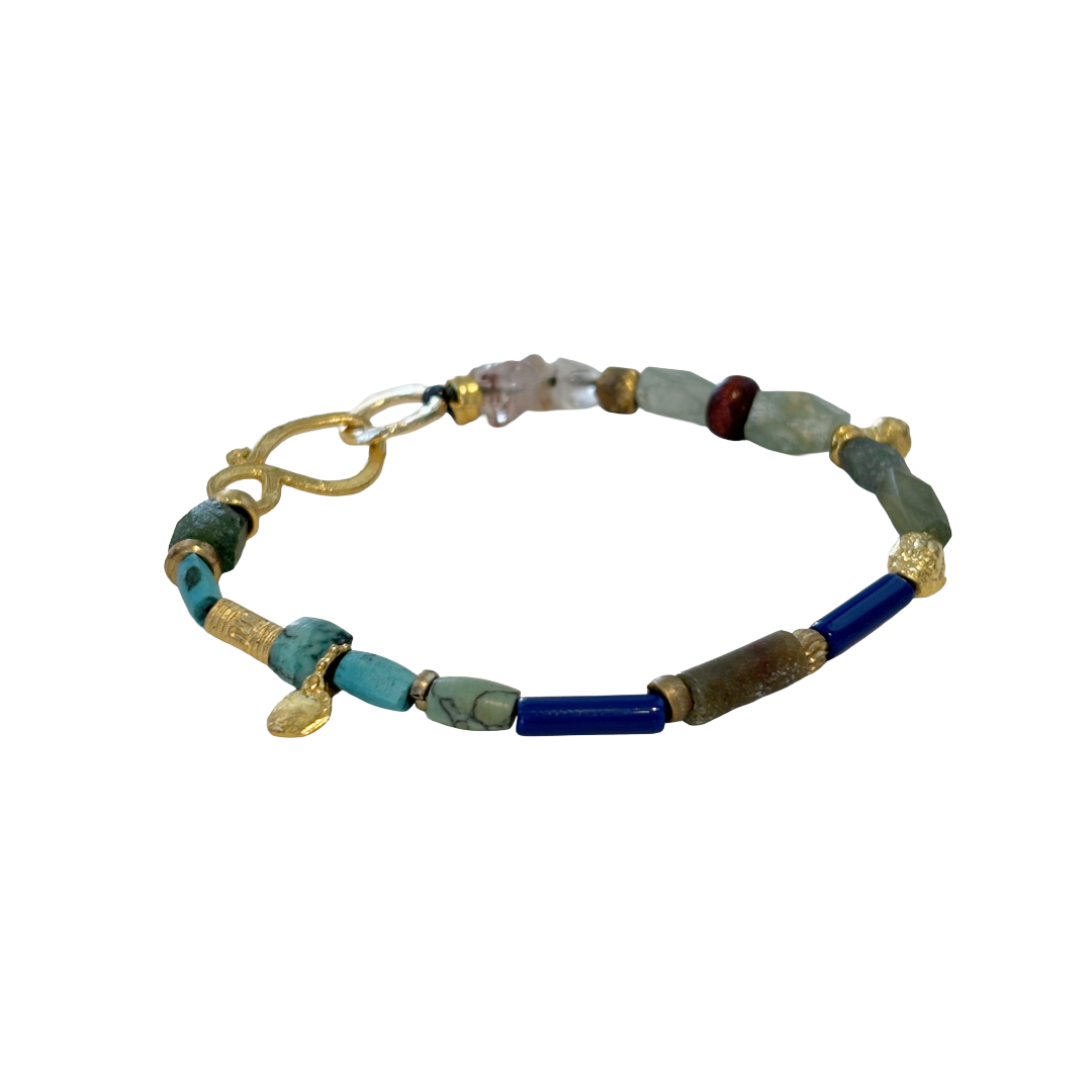 ARTIZ | 'Mixed Bead Bracelet’ | Turquoise, jade + glass beads | disc charm | bronze findings
