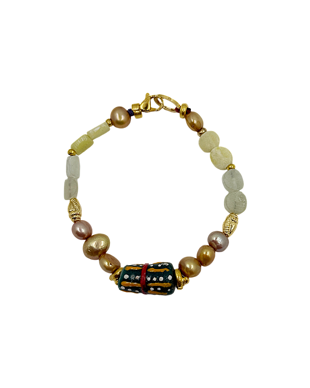 ARTIZ | 'Spring Bracelet’ No.1  | African glass / pink fresh water pearl / bronze / jade