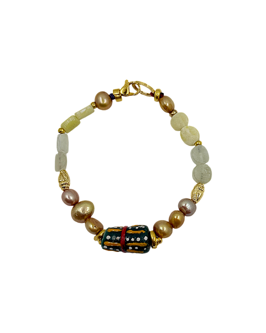 ARTIZ | 'Spring Bracelet’ No.1  | African glass / pink fresh water pearl / bronze / jade