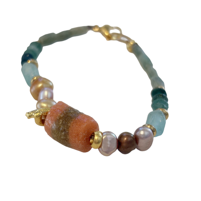 ARTIZ | 'Mixed Bead Bracelet’- Orange Bead | Jade, pearls + glass beads | bronze findings