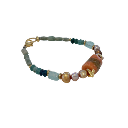 ARTIZ | 'Mixed Bead Bracelet’- Orange Bead | Jade, pearls + glass beads | bronze findings