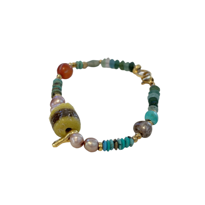 ARTIZ | 'Mixed Bead Bracelet’- Yellow Bead #3 | Turquoise, pearl + glass beads | bronze charms
