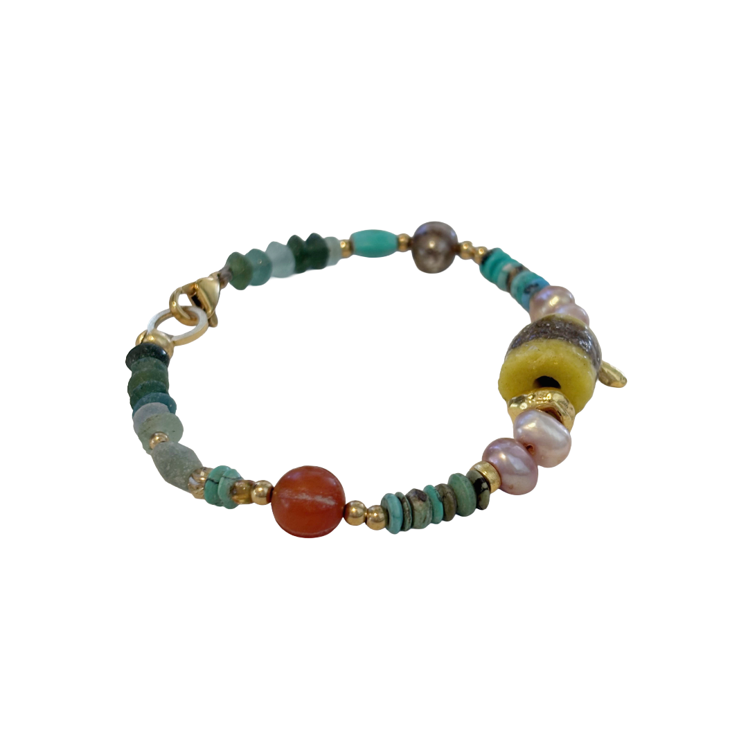 ARTIZ | 'Mixed Bead Bracelet’- Yellow Bead #3 | Turquoise, pearl + glass beads | bronze charms