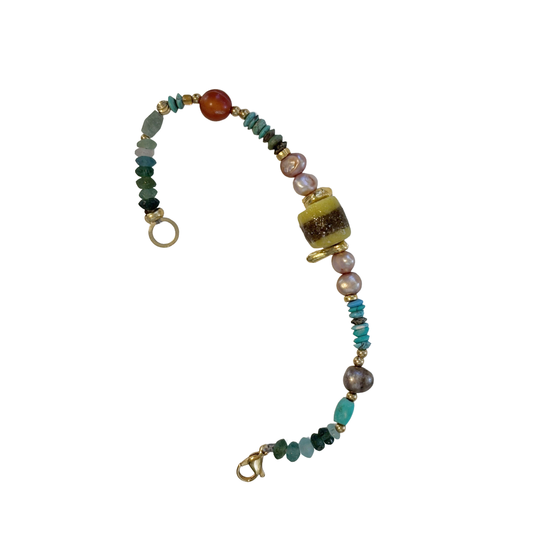 ARTIZ | 'Mixed Bead Bracelet’- Yellow Bead #3 | Turquoise, pearl + glass beads | bronze charms