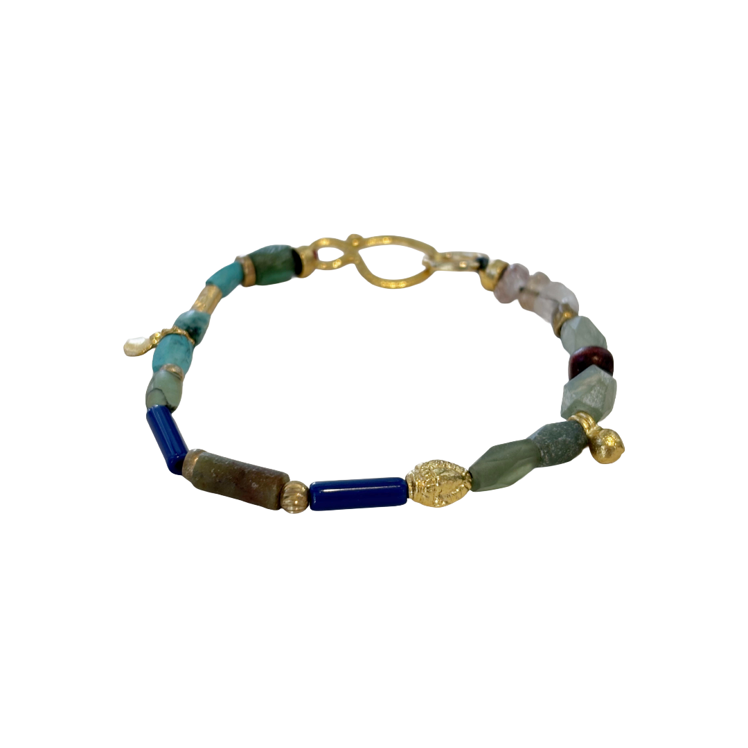 ARTIZ | 'Mixed Bead Bracelet’ | Turquoise, jade + glass beads | disc charm | bronze findings