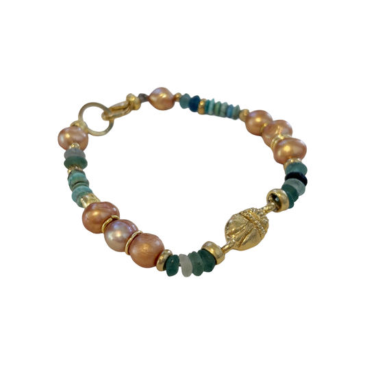 ARTIZ | 'Mixed Bead Bracelet’ | Pearl, turquoise, jade + glass beads | bronze beetle charm