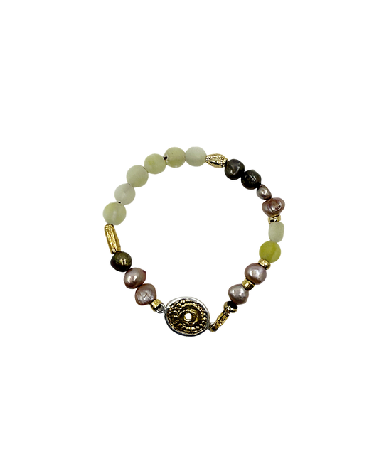 ARTIZ | 'Spring Bracelet’ No.2  | Bronze charm / fresh water pearls / bronze / jade / silve