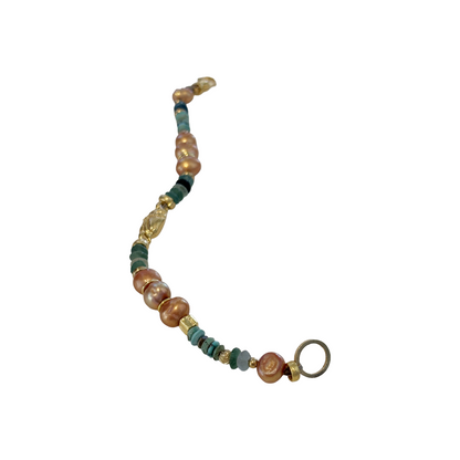 ARTIZ | 'Mixed Bead Bracelet’ | Pearl, turquoise, jade + glass beads | bronze beetle charm