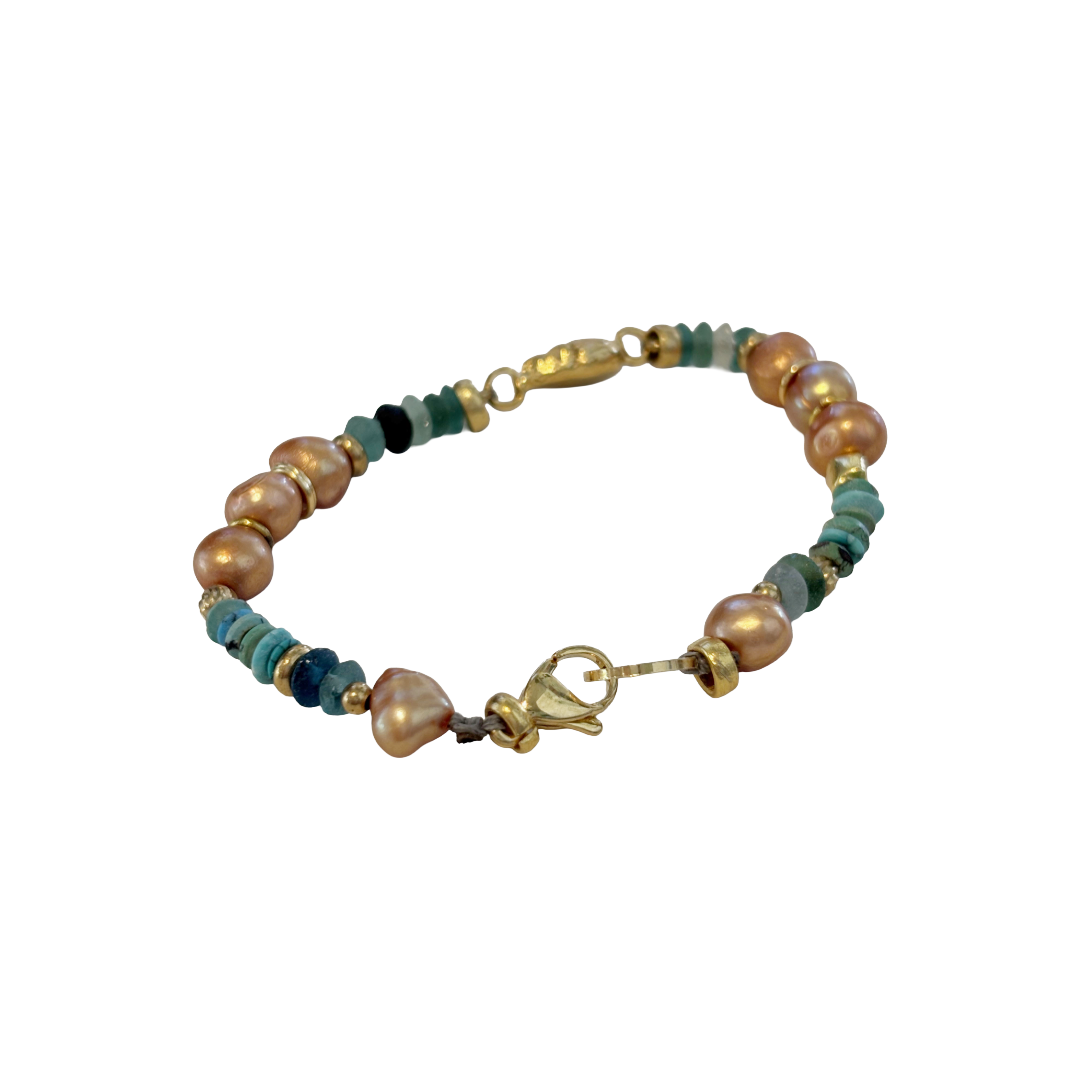 ARTIZ | 'Mixed Bead Bracelet’ | Pearl, turquoise, jade + glass beads | bronze beetle charm