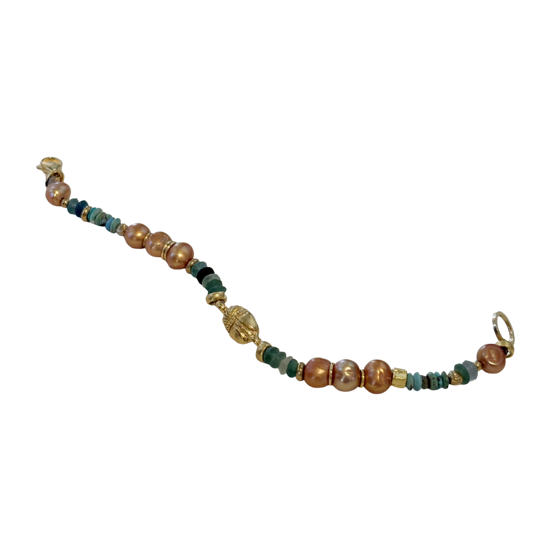 ARTIZ | 'Mixed Bead Bracelet’ | Pearl, turquoise, jade + glass beads | bronze beetle charm