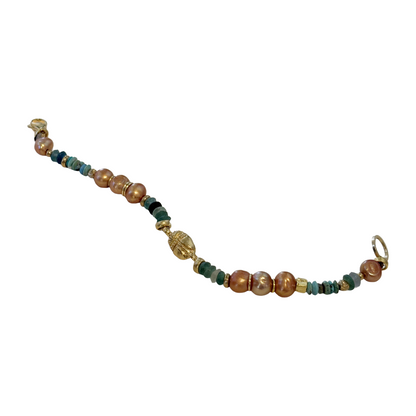 ARTIZ | 'Mixed Bead Bracelet’ | Pearl, turquoise, jade + glass beads | bronze beetle charm