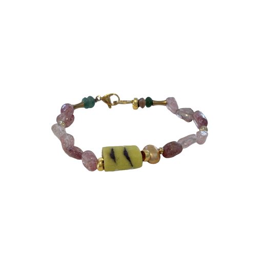 ARTIZ | 'Mixed Bead Bracelet’- Yellow Bead #1 | Garnet + glass beads | bronze findings