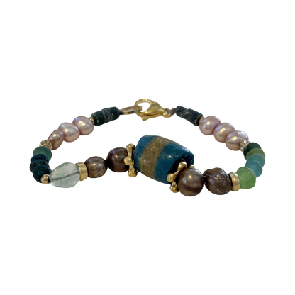 ARTIZ | 'Mixed Bead Bracelet’- Blue Bead | Quartz, pearls, glass + metal beads | bronze findings