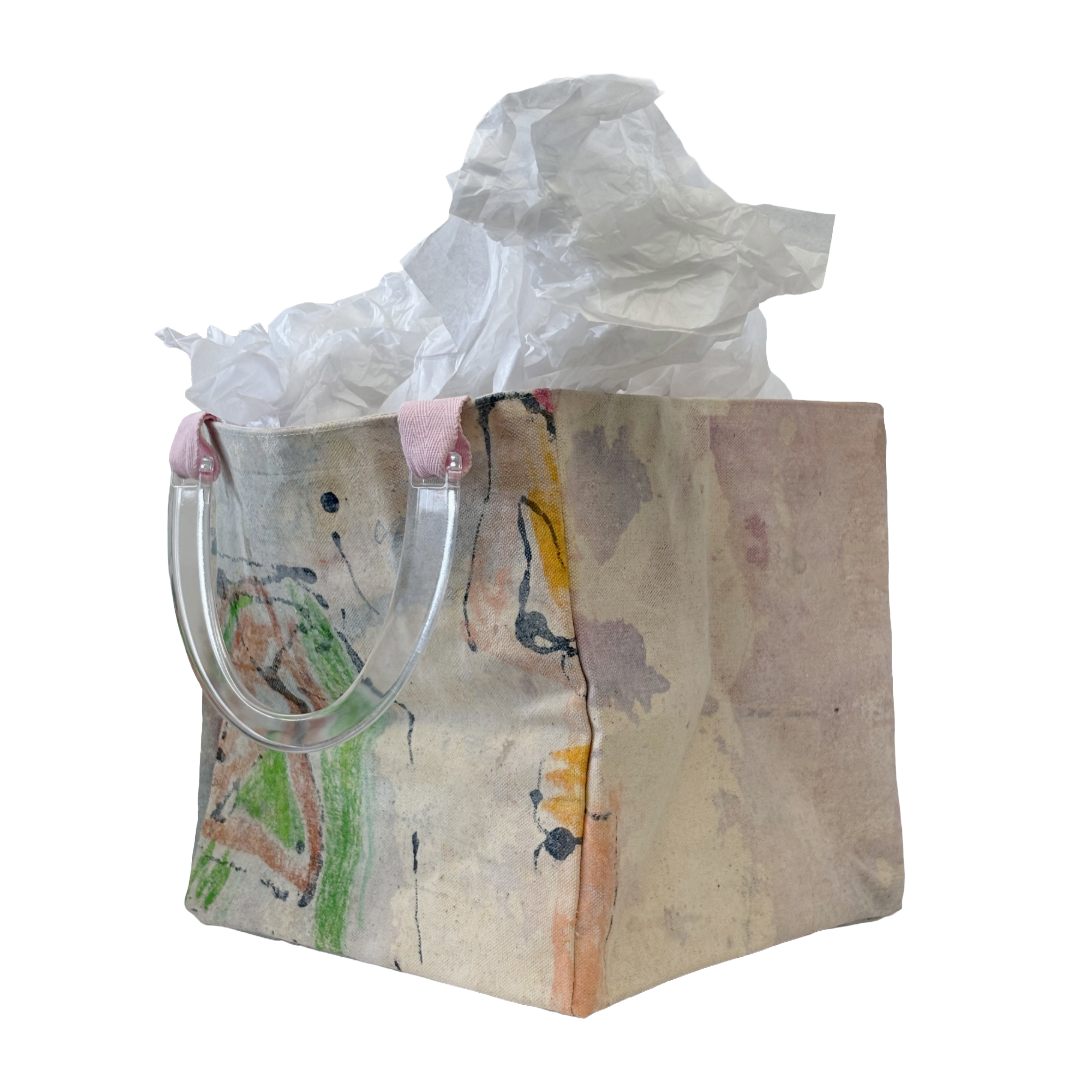 JULIE POULSEN | ‘Boat bag: Mini' (2) | Re-cycled painting / clear plastic handle | Small