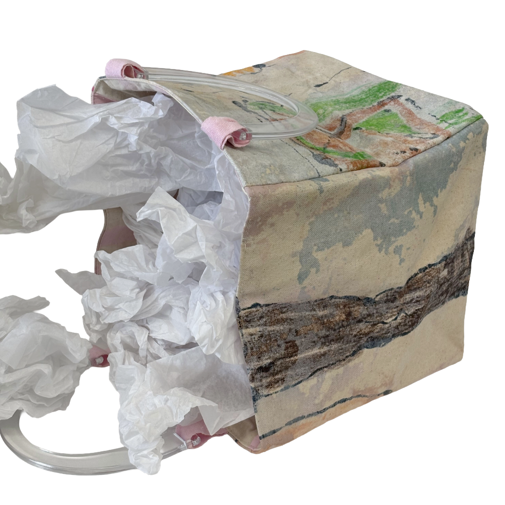 JULIE POULSEN | ‘Boat bag: Mini' (2) | Re-cycled painting / clear plastic handle | Small