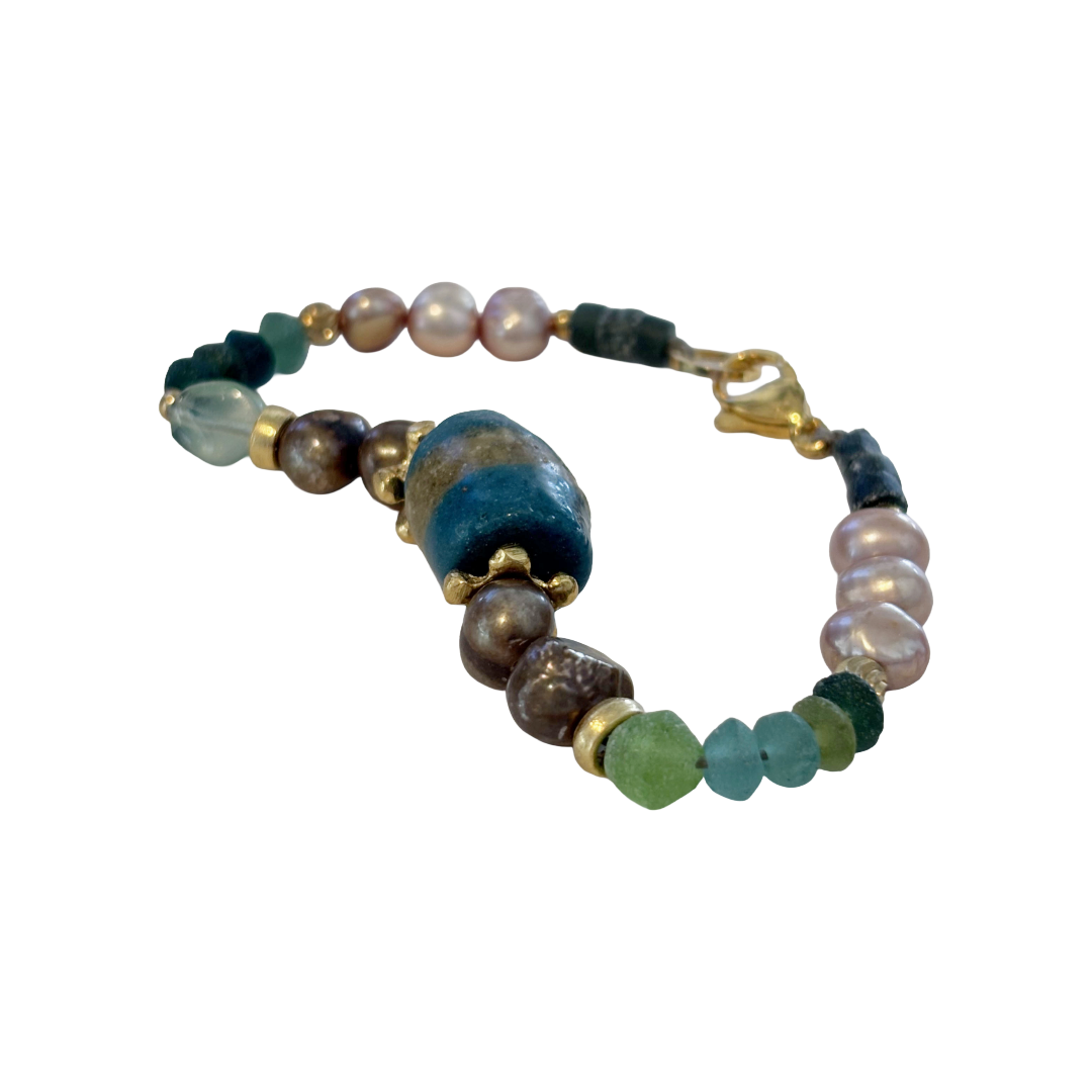 ARTIZ | 'Mixed Bead Bracelet’- Blue Bead | Quartz, pearls, glass + metal beads | bronze findings