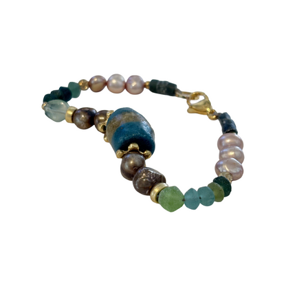 ARTIZ | 'Mixed Bead Bracelet’- Blue Bead | Quartz, pearls, glass + metal beads | bronze findings