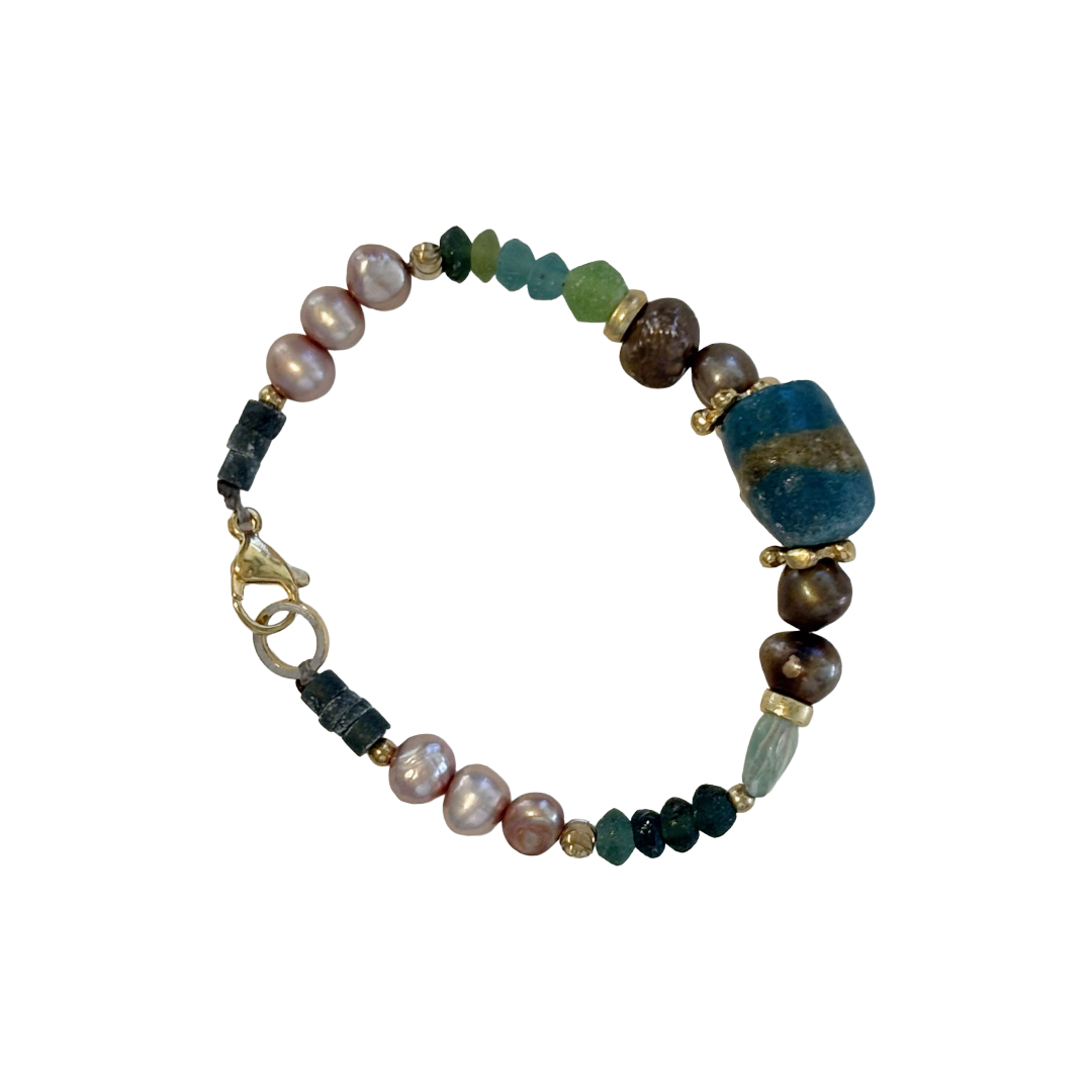 ARTIZ | 'Mixed Bead Bracelet’- Blue Bead | Quartz, pearls, glass + metal beads | bronze findings