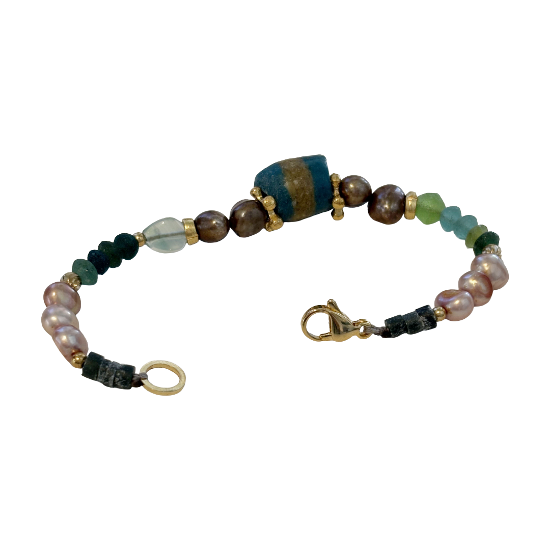 ARTIZ | 'Mixed Bead Bracelet’- Blue Bead | Quartz, pearls, glass + metal beads | bronze findings