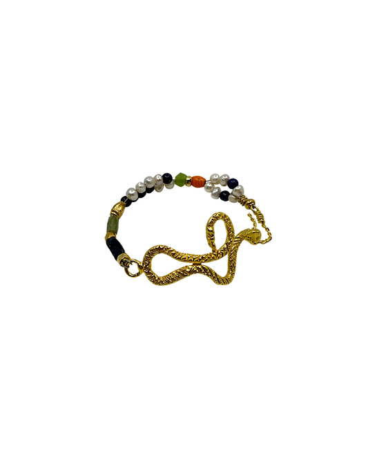 ARTIZ | 'Spring Bracelet’ No.7 | Gold plated snake / Freshwater pearls / glass beads / bronze