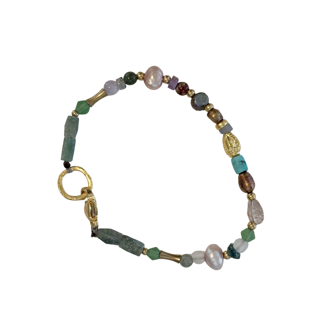 ARTIZ | 'Mixed Bead Bracelet’ | Pearls, glass + gemstone beads | bronze seed charm