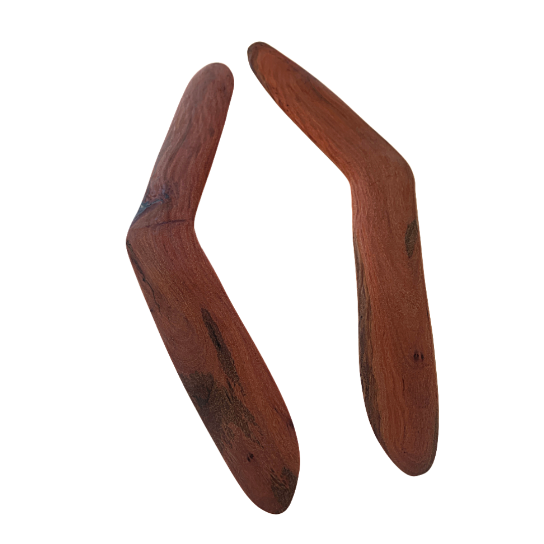 BULBURA CREATIONS | ‘Wangal (Ceremonial Boomerang) – Medium’ | 2025 | Aboriginal Artefact / Cape York Blood Gum | Two pieces: 46 (l) x 10 (w) x 1.5 (h) cm each