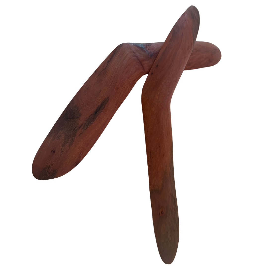 BULBURA CREATIONS | ‘Wangal (Ceremonial Boomerang) – Medium’ | 2025 | Aboriginal Artefact / Cape York Blood Gum | Two pieces: 46 (l) x 10 (w) x 1.5 (h) cm each