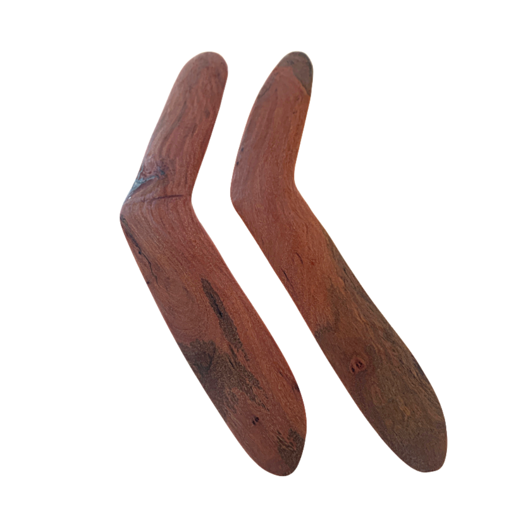 BULBURA CREATIONS | ‘Wangal (Ceremonial Boomerang) – Medium’ | 2025 | Aboriginal Artefact / Cape York Blood Gum | Two pieces: 46 (l) x 10 (w) x 1.5 (h) cm each