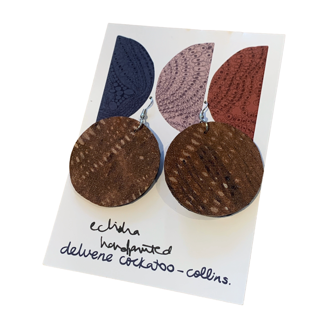DELVENE COCKATOO-COLLINS | ‘Echidna Earrings- Brown' | Handprinted linen | Double Sided