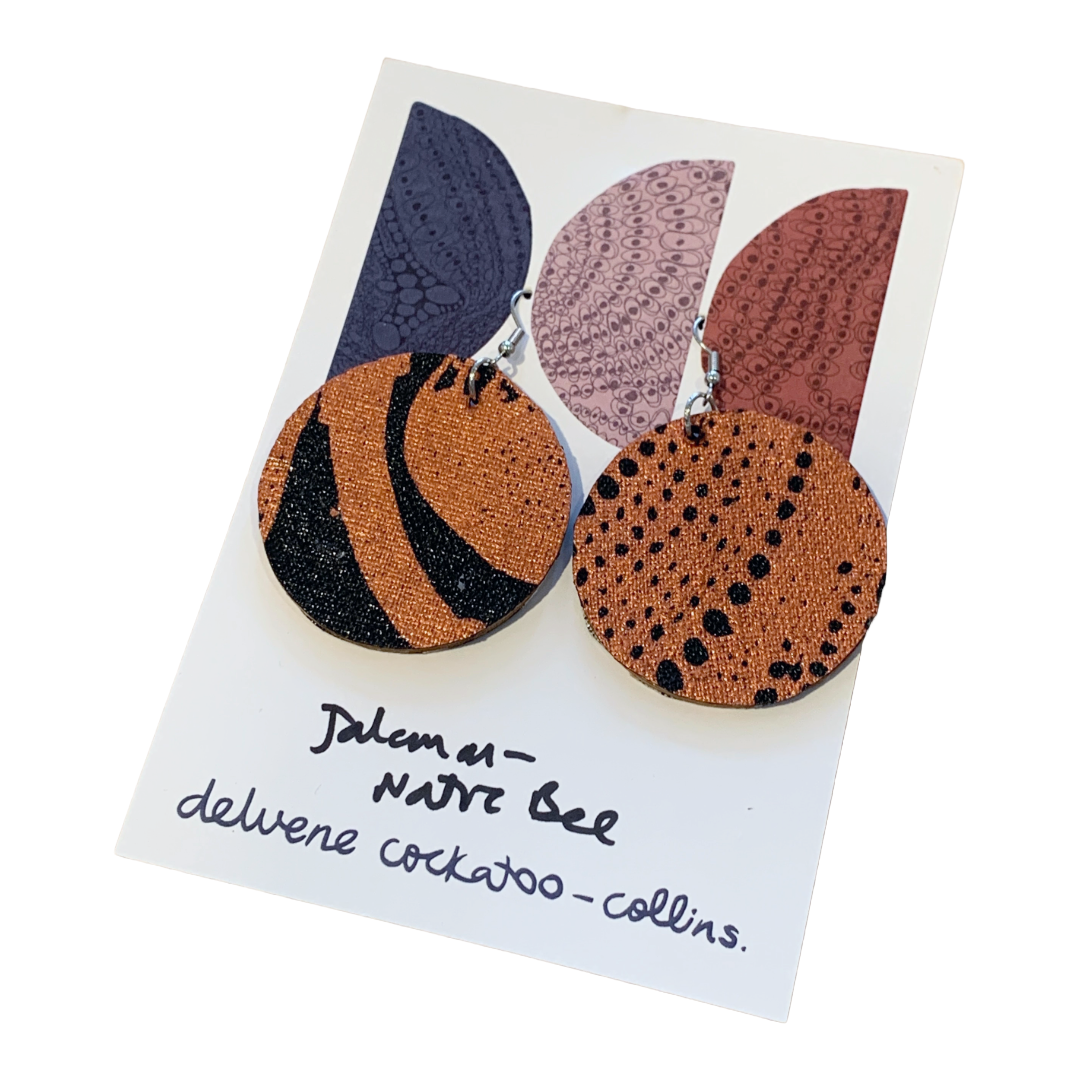 DELVENE COCKATOO-COLLINS | ‘Native Bee Earrings- Copper' | Handprinted linen | Double Sided