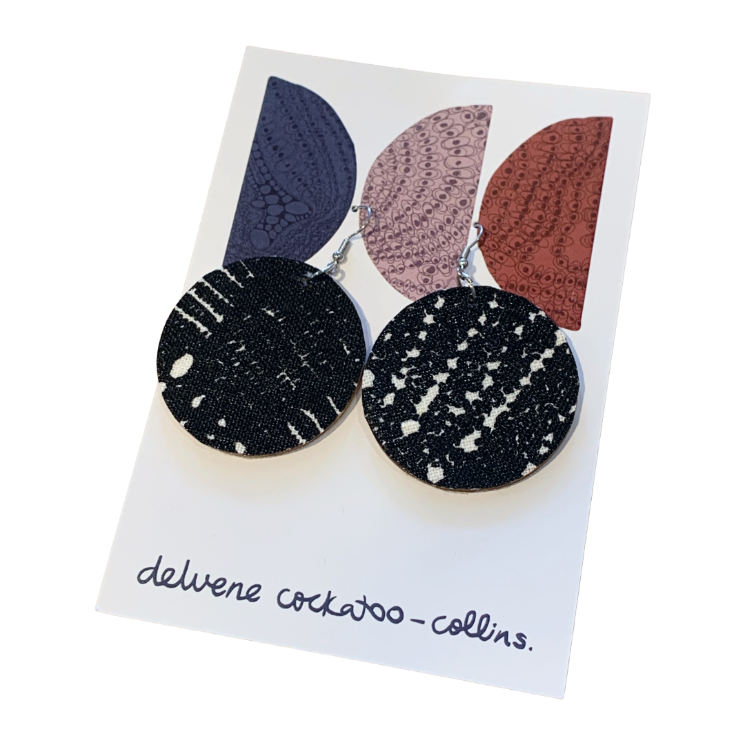 DELVENE COCKATOO-COLLINS | ‘Cotton Tree Earrings- Black + White' | Handprinted linen | Double Sided