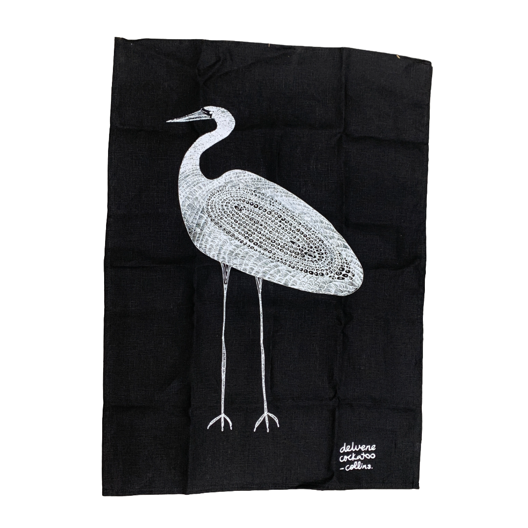 DELVENE COCKATOO-COLLINS | ‘Garagun Heron' Tea Towel | handprinted linen