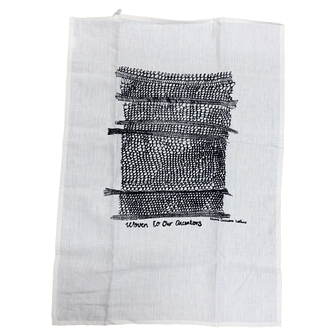 DELVENE COCKATOO-COLLINS | ‘Six Generations' Tea Towel | handprinted linen | 70 (h) x 50 (w) cm