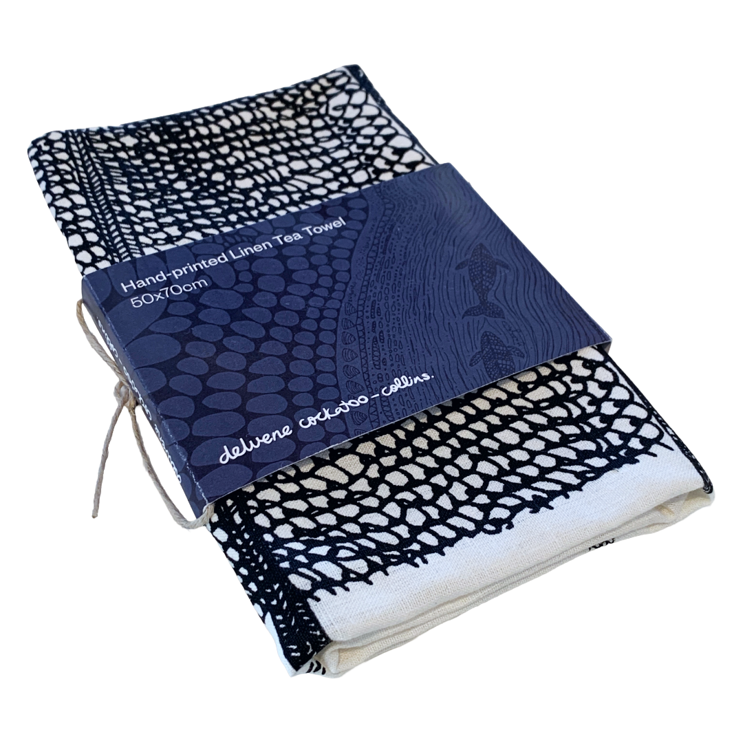 DELVENE COCKATOO-COLLINS | ‘Six Generations' Tea Towel | handprinted linen | 70 (h) x 50 (w) cm