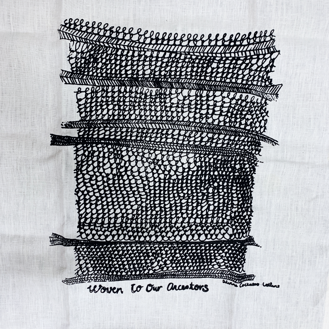 DELVENE COCKATOO-COLLINS | ‘Six Generations' Tea Towel | handprinted linen | 70 (h) x 50 (w) cm